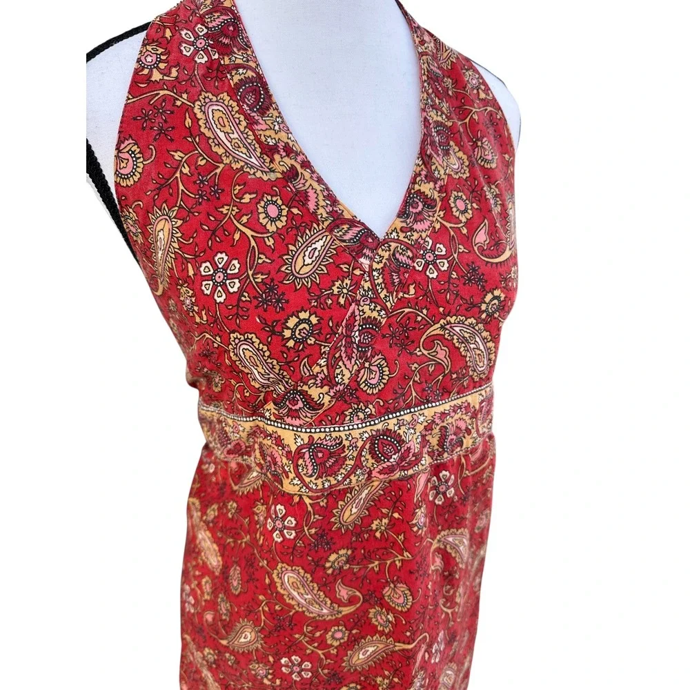 Red Paisley Cotton Halter Neck Apron Floral Boho Kitchen Wrap Made in India